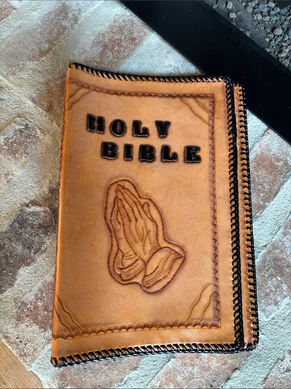 Leather Holy Bible Cover with Praying Hands and Verse